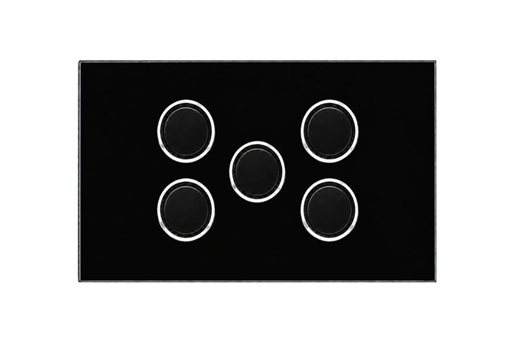 5 Gang Glass Push Button Blue LED Switch | Black | Sapphire Series